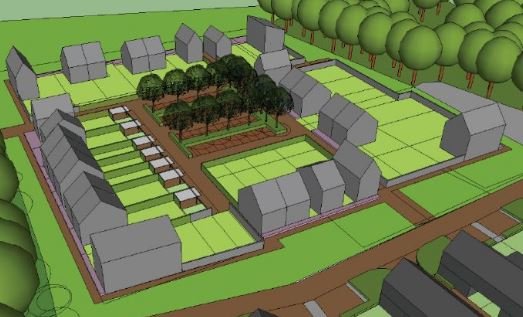 tekening van huizen met tuinen, straten en bomen