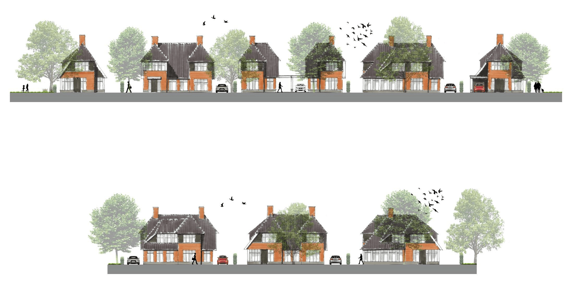 schetsontwerp van nieuwbouwhuizen met bomen
