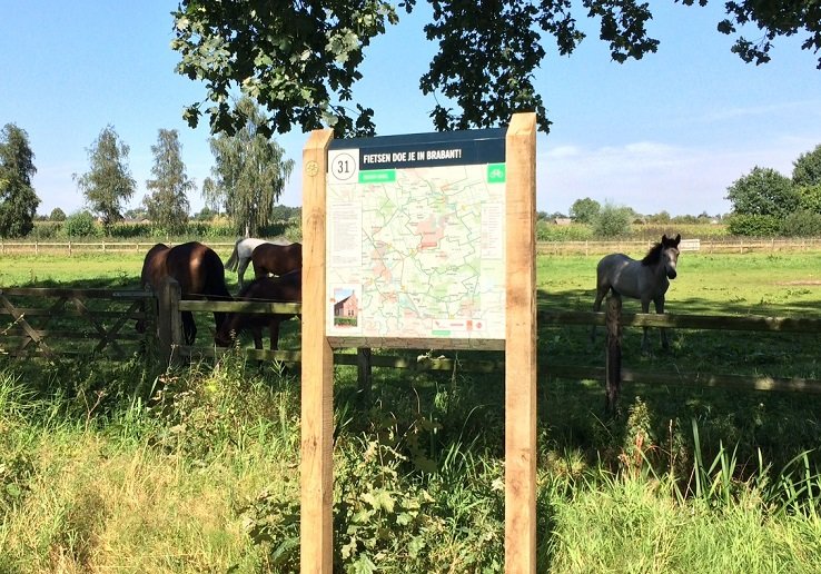 bord met kaart van een fietsroute met op de achtergrond een weiland met paarden
