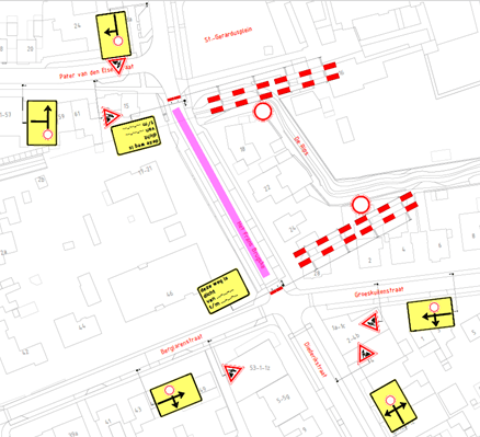 Vergroot afbeelding: een kaart waarop in het paars/roze is aangegeven welke straat er afgesloten wordt. Op de gele borden is te zien hoe de omleiding loopt. 