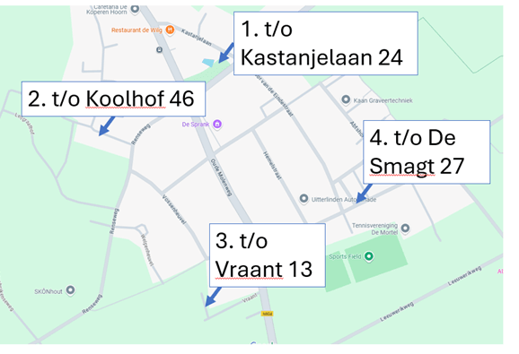 Vergroot afbeelding: plattegrond van De Mortel met daarop de vier locaties waar de groenafvalkorven komen te staan.