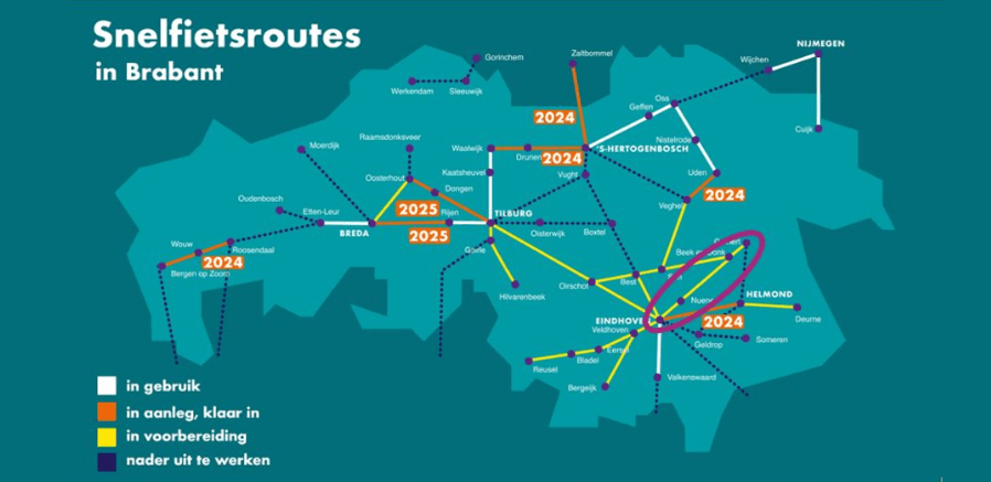 Kaart van snelfietsroutes in Brabant met omcirkeld de route tussen Gemert en Eindhoven.