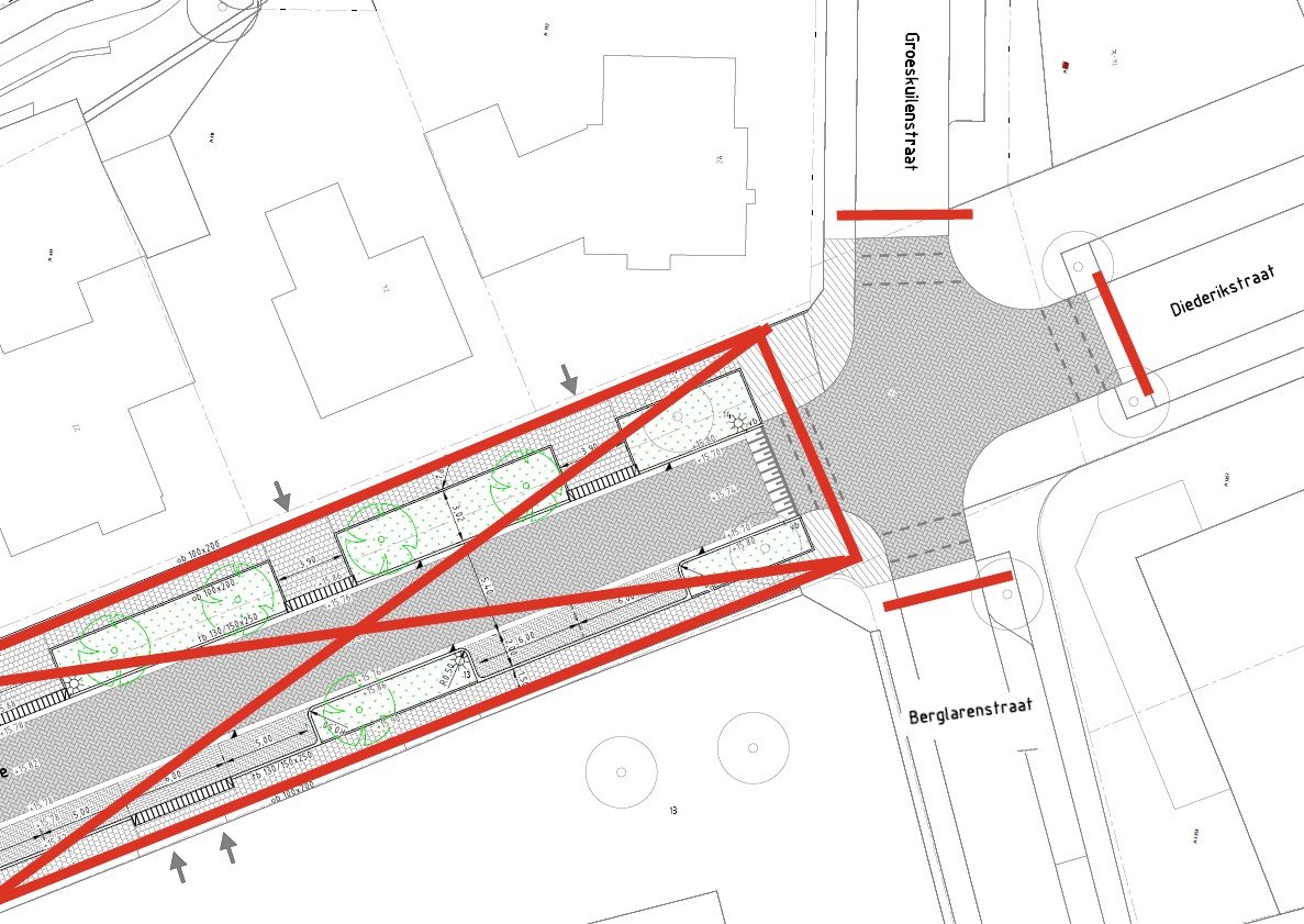 Vergroot afbeelding: plattegrond van het kruispunt met daarop in het rood de afsluitingen.